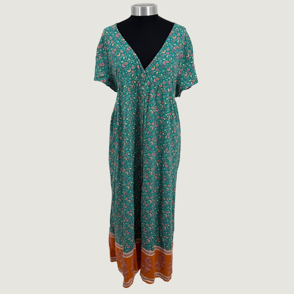 Natural Life Rebecca Womens XL Teal Floral Rayon Maxi Dress V-Neck Boho Pockets - Picture 2 of 16